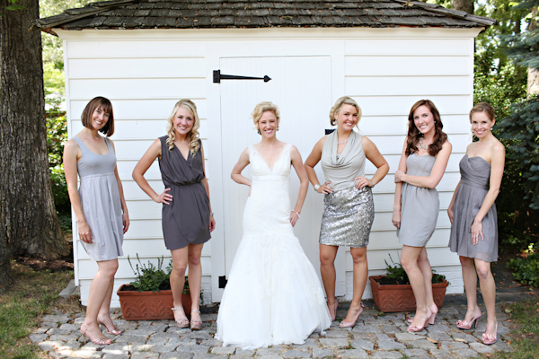 Bridesmaids in gray, metallic, cocktail dresses  - Wedding Photo by Whitebox Weddings